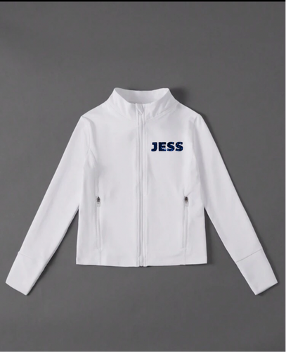 Zip Up White Long Sleeved Jacket w/ name and logo on the back