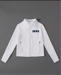 Zip Up White Long Sleeved Jacket w/ name and logo on the back